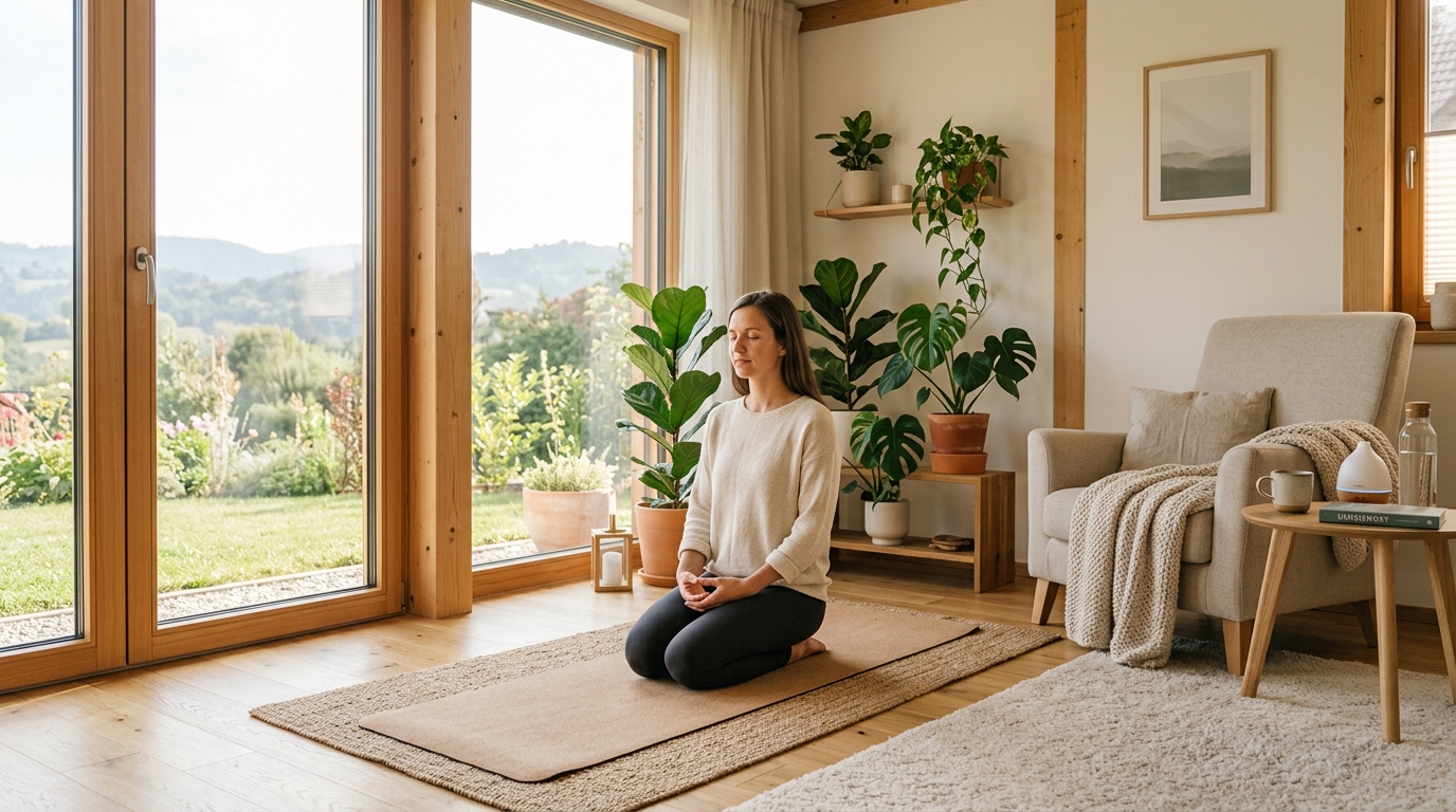 Moderno bivalno okolje z naravno svetlobo za wellness rutine